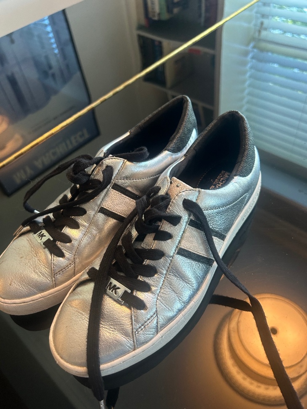 metallic silver elevated athleisure statement Micheal Kors sneakers